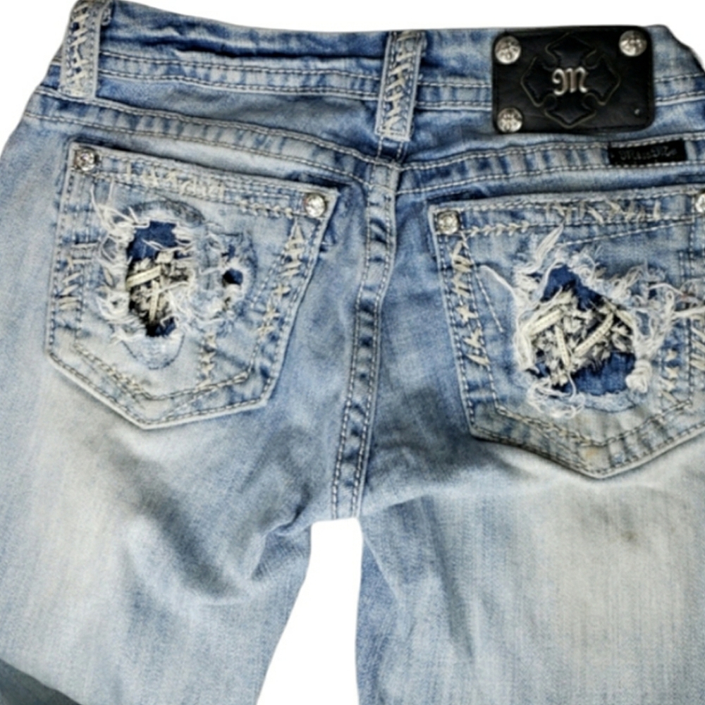 Miss Me Distressed Embroidered Faux Rheinstones Rise Flare Stiching Det Sz 27